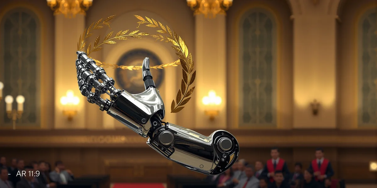 Một cánh tay robot được trao vòng nguyệt quế vàng, biểu tượng cho chiến thắng và sự công nhận khả năng viết lách của AI.