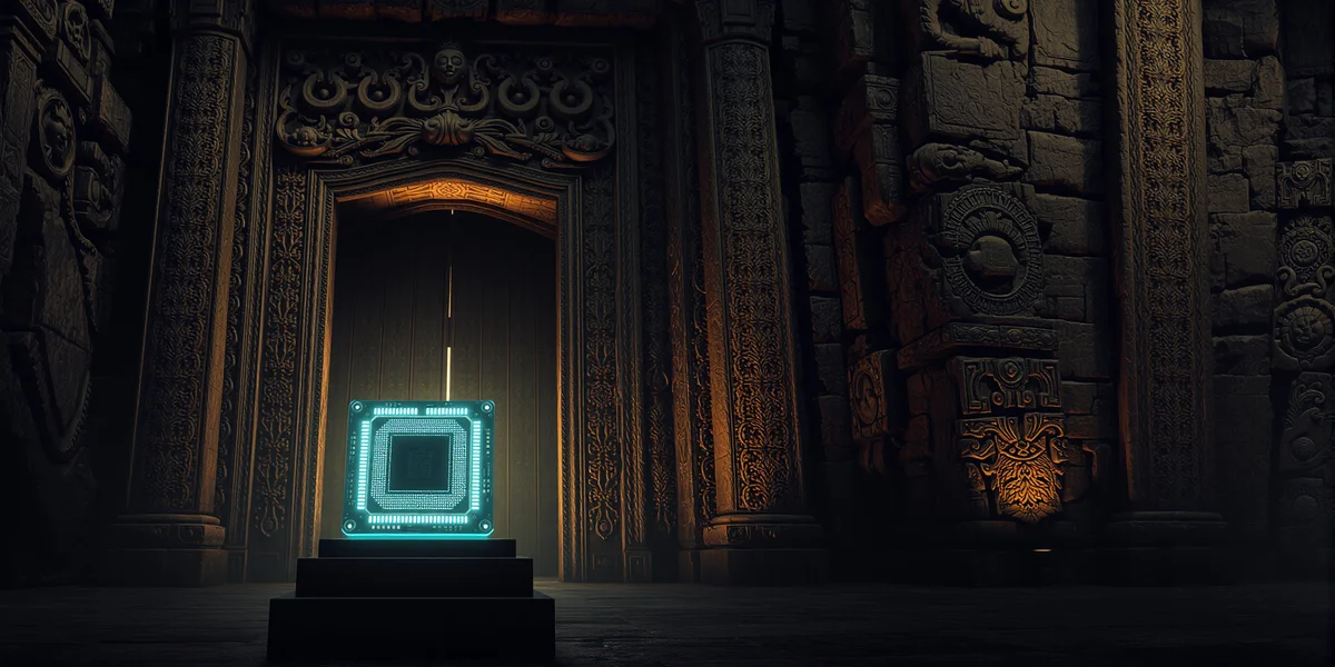 Một con chip máy tính phát sáng đặt trước một cánh cổng đá cổ xưa, tượng trưng cho AI đối mặt với thử thách văn học truyền thống và khó khăn.