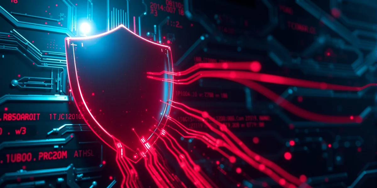 Một tấm khiên kỹ thuật số phát sáng đang bảo vệ một mạng lưới dữ liệu phức tạp khỏi các virus màu đỏ đang tấn công, minh họa cho an ninh mạng được hỗ trợ bởi AI.