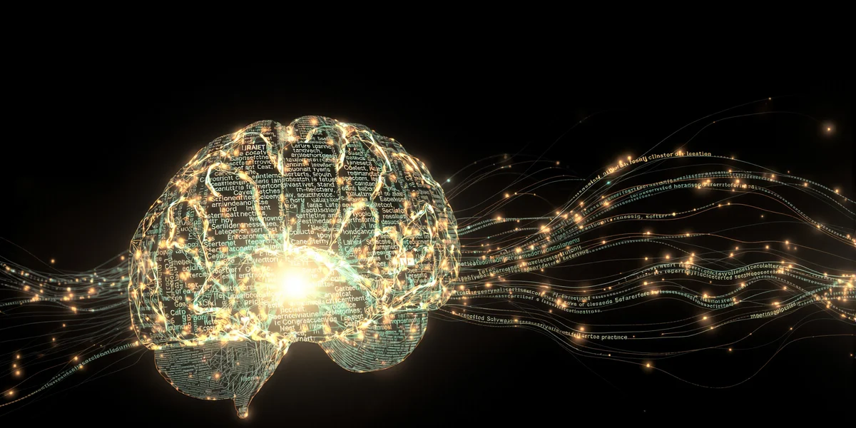 Hình ảnh trừu tượng về một bộ não kỹ thuật số phát ra các luồng ánh sáng và từ ngữ, tượng trưng cho sự sáng tạo của startup AI 2025 trong lĩnh vực AI tạo sinh.