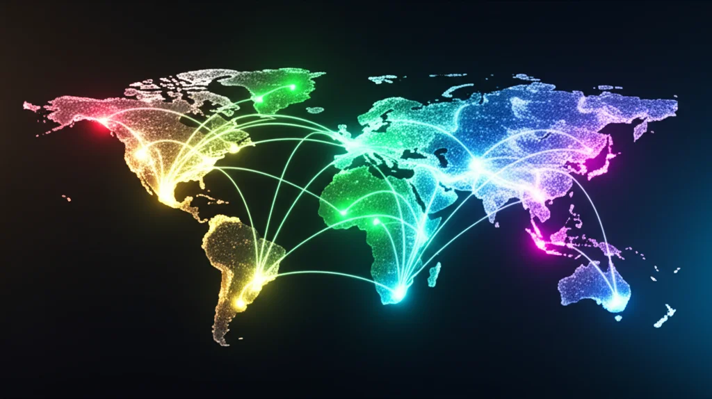 Bản đồ thế giới kỹ thuật số trừu tượng, các dòng dữ liệu phát sáng kết nối Trung Quốc với các châu lục khác, tượng trưng cho cuộc đua toàn cầu của các ứng dụng trò chuyện AI.