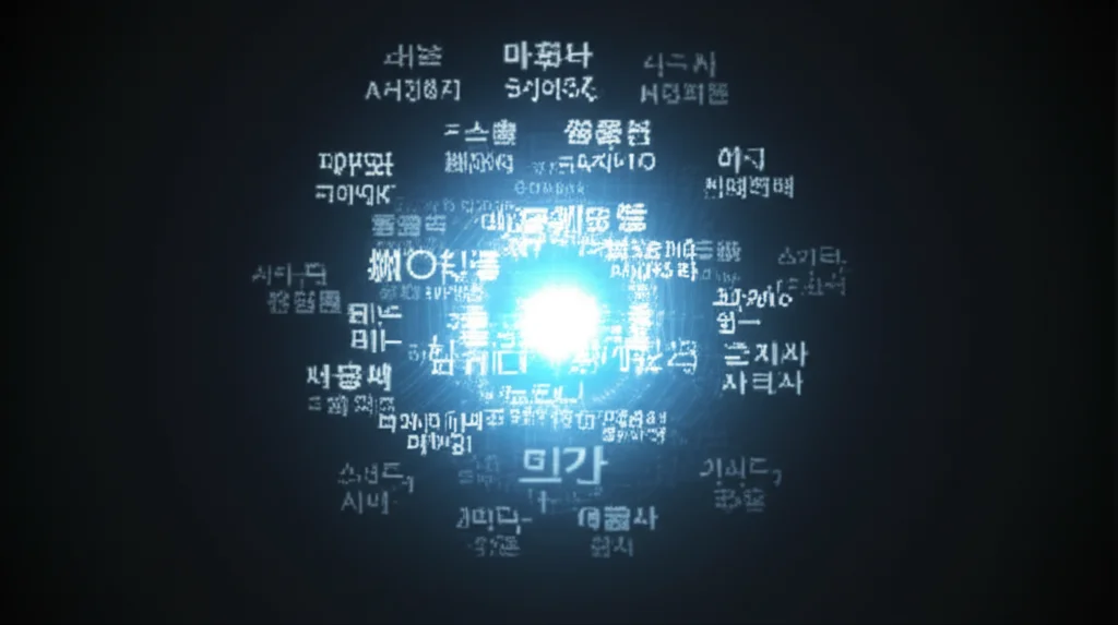 Hình ảnh trừu tượng của một bộ não AI được tạo thành từ các mạch điện tử, xung quanh là các ký tự từ nhiều ngôn ngữ như tiếng Nhật, Hàn, Ả Rập, thể hiện khả năng xử lý đa ngôn ngữ của AI.