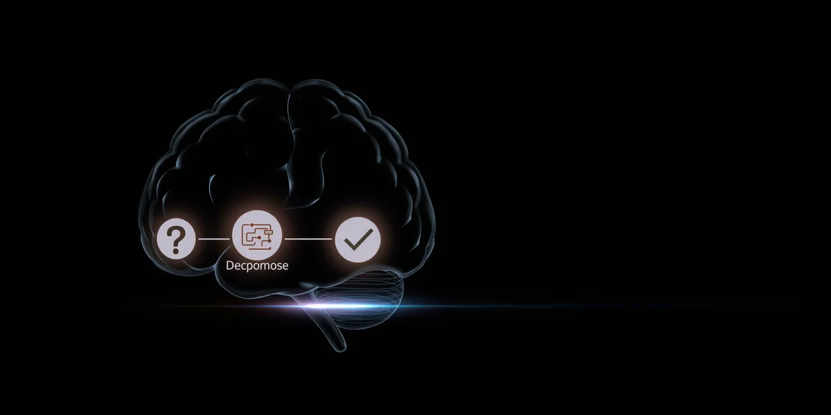 Hình ảnh cách điệu của một bộ não, với ba điểm sáng tương ứng với kỹ năng đặt câu hỏi, phân rã vấn đề và thẩm định, thể hiện các năng lực cốt lõi khi học AI.