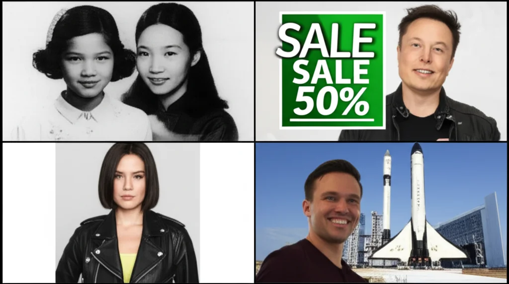 Một ảnh dạng lưới (grid) hiển thị 4 ứng dụng của Nano Banana AI: một ảnh cũ được phục chế, một poster được sửa chữ, một người mẫu mặc áo khoác ảo, và một người dùng chụp ảnh cùng người nổi tiếng.