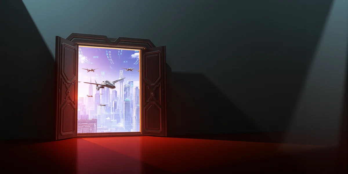 Một cánh cửa đang mở, hé lộ một cảnh quan thành phố tương lai rực rỡ, tượng trưng cho cơ hội mới mà sự thay đổi của AI mang lại.