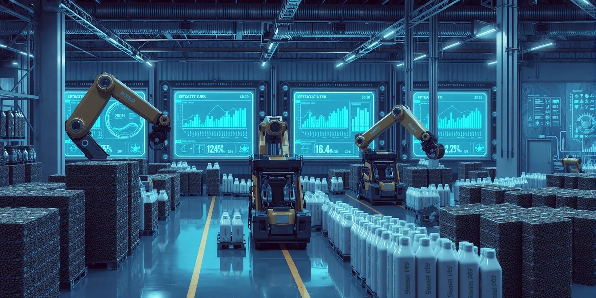 Nhà kho hiện đại của Luckin Coffee với robot tự động sắp xếp nguyên liệu, và màn hình kỹ thuật số hiển thị dữ liệu dự báo nhu cầu theo thời gian thực.