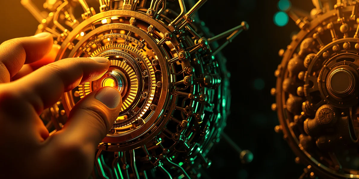 Bàn tay của một kỹ sư đang cẩn thận điều chỉnh một bánh răng phát sáng bên trong một cơ chế não AI phức tạp, thể hiện sự giám sát và căn chỉnh của con người để giải quyết rủi ro lệch pha.