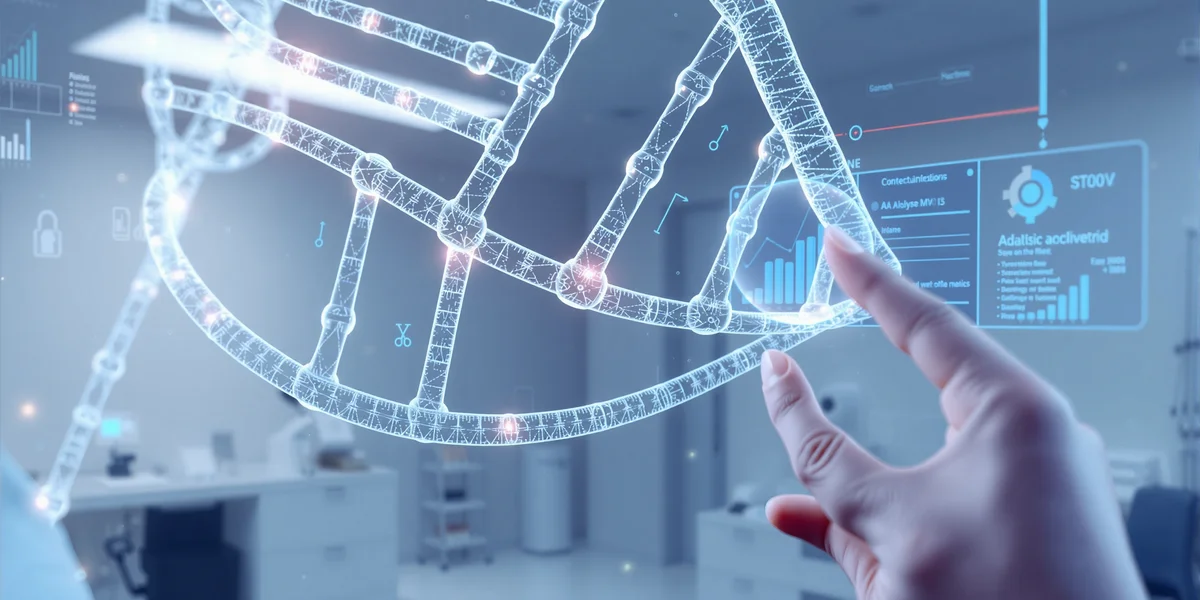 Một chuỗi DNA kỹ thuật số được phân tích bởi một giao diện AI tương lai, các điểm dữ liệu phát sáng trên chuỗi, thể hiện vai trò của AI trong y tế.