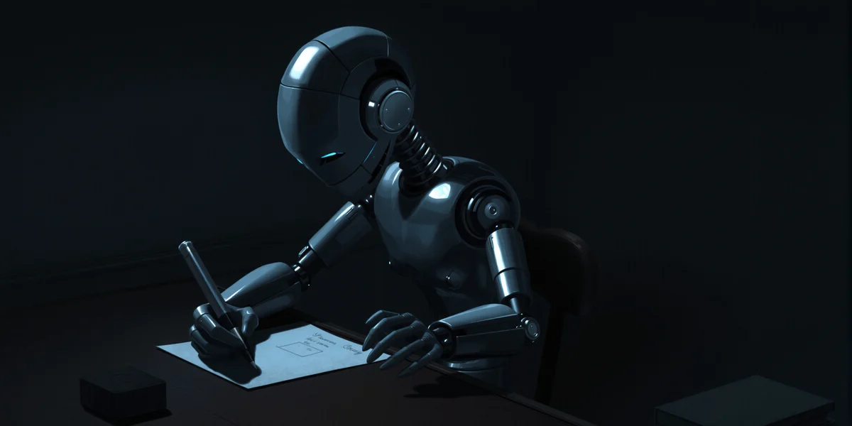 Một người máy đang viết trên một tờ giấy nhưng cây bút lại thiếu mực, hình ảnh ẩn dụ cho việc AI thiếu đi cảm xúc và cá tính trong văn chương.