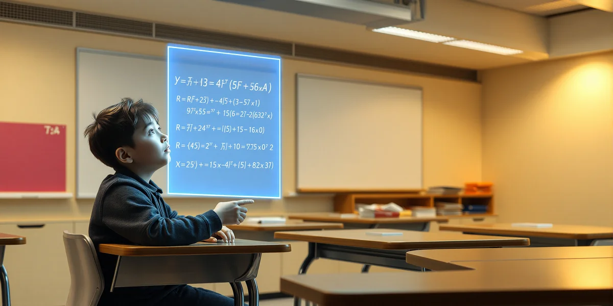 Một học sinh đang tương tác với một gia sư AI dạng ảnh ba chiều trong một lớp học tương lai, minh họa cho giáo dục cá nhân hóa.