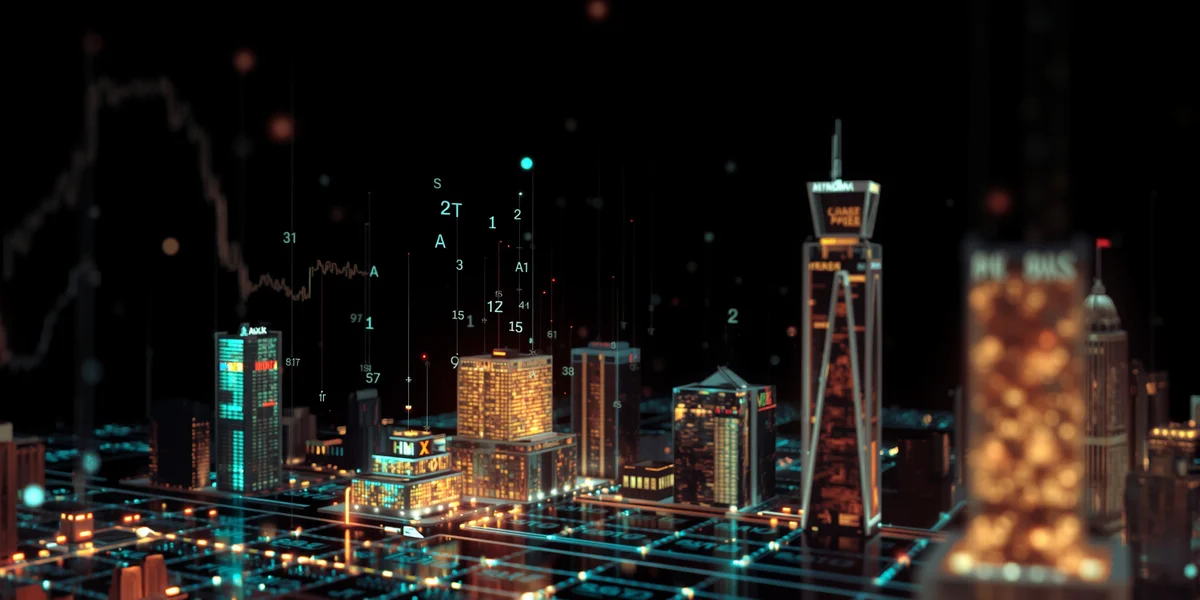 Các luồng dữ liệu tài chính kỹ thuật số phát sáng chảy qua một mô hình thành phố 3D, tượng trưng cho sự lưu thông của dòng tiền trong nền kinh tế số được AI hỗ trợ.