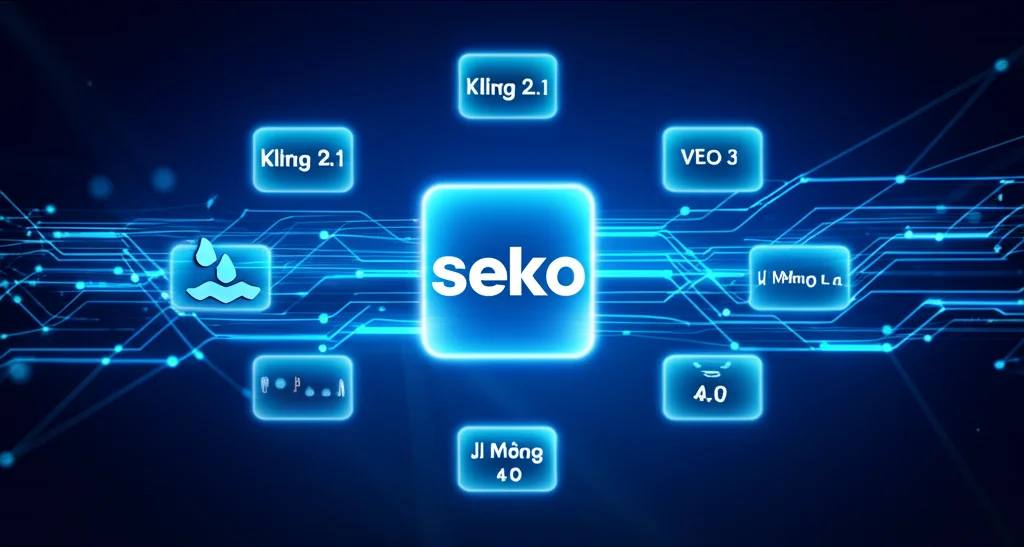 Một hình ảnh concept cho thấy logo của Seko AI ở trung tâm, xung quanh là logo của các mô hình AI tạo video và ảnh nổi tiếng như Kling, VEO 3, Jì Mèng.