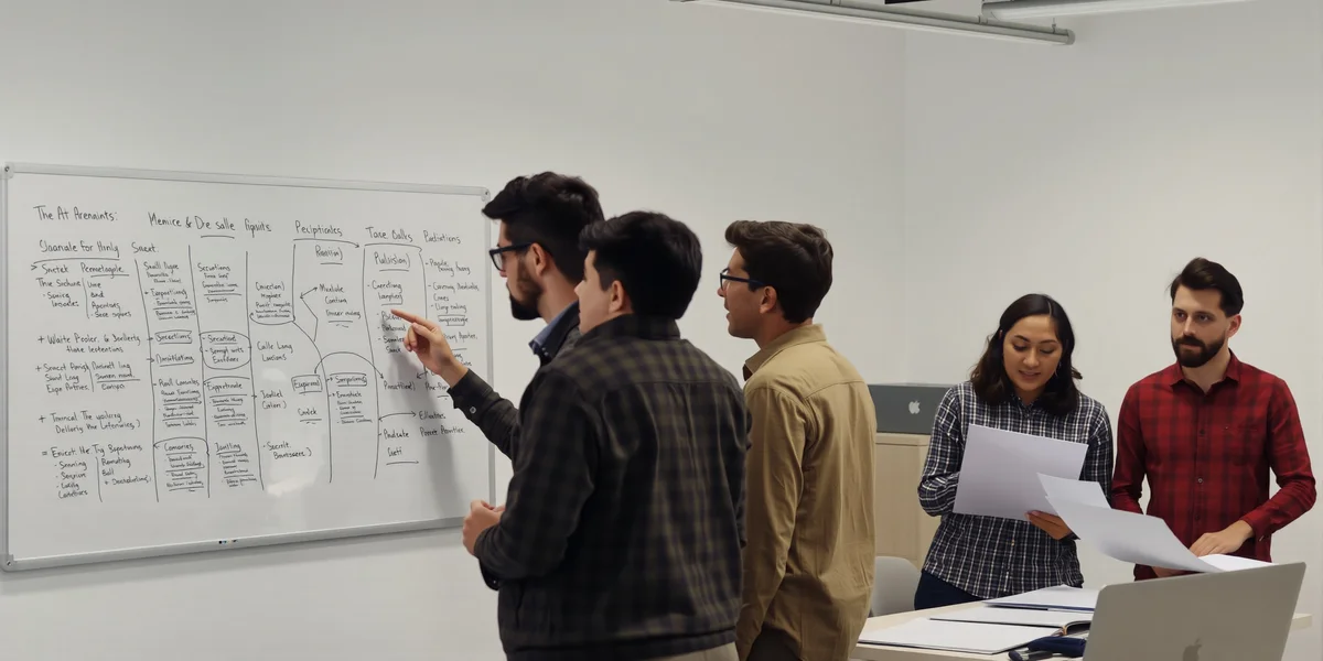 Một nhóm kỹ sư và product manager đang hợp tác giải quyết một vấn đề trên bảng trắng, với các sơ đồ và mã giả liên quan đến một dự án AI.