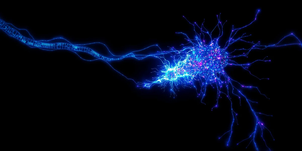 Một mạng nơ-ron lớn (giáo viên) đang truyền những dòng kiến thức phát sáng sang một mạng nơ-ron nhỏ hơn (học sinh), minh họa cho kỹ thuật chưng cất.