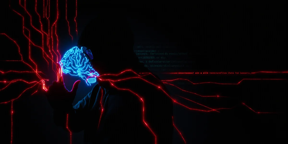 Một hacker ẩn trong bóng tối đang gõ những dòng lệnh độc hại, các dòng lệnh này xâm nhập vào một bộ não AI kỹ thuật số đang phát sáng, tượng trưng cho rủi ro an ninh kỹ thuật prompt.
