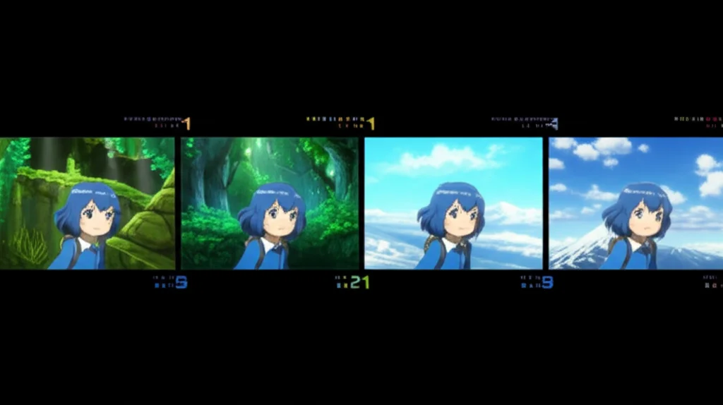 Một chuỗi 4 hình ảnh liên tiếp cho thấy cùng một cô gái hoạt hình tóc xanh trong các bối cảnh khác nhau như rừng rậm, sa mạc, thành phố tương lai, thể hiện sự nhất quán.