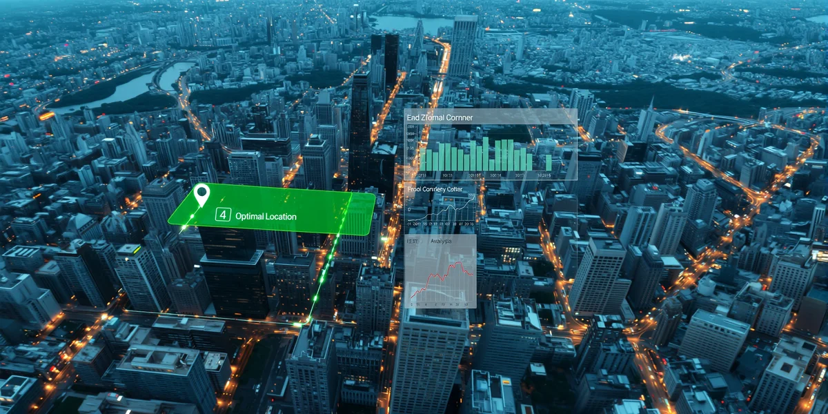 Bản đồ thành phố kỹ thuật số hiển thị các điểm nóng được AI xác định là vị trí tối ưu để mở cửa hàng Luckin Coffee, minh họa cho việc tái cấu trúc chi phí.