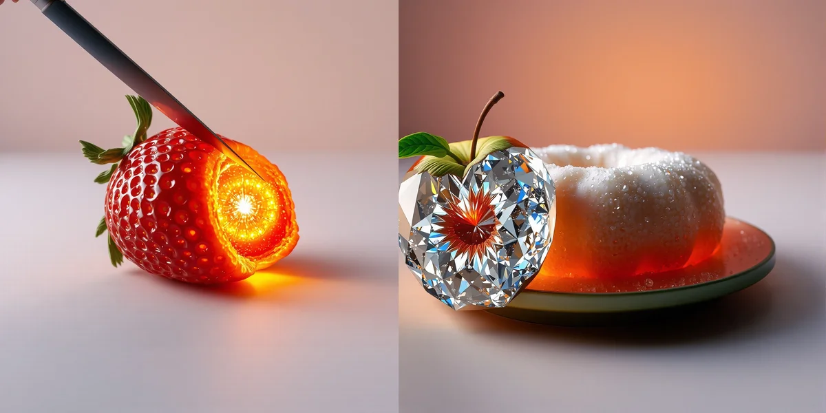 Ảnh ghép cận cảnh các video AI cắt đồ vật, bao gồm một quả dâu tây bằng pha lê, một thỏi vàng nóng chảy và một chiếc bánh burger làm từ đá quý đang được cắt.