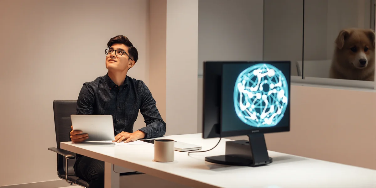 Một người ngồi tại bàn làm việc, được hướng dẫn bởi một thực thể AI phát sáng, thân thiện, tượng trưng cho AI là người thầy tốt nhất.