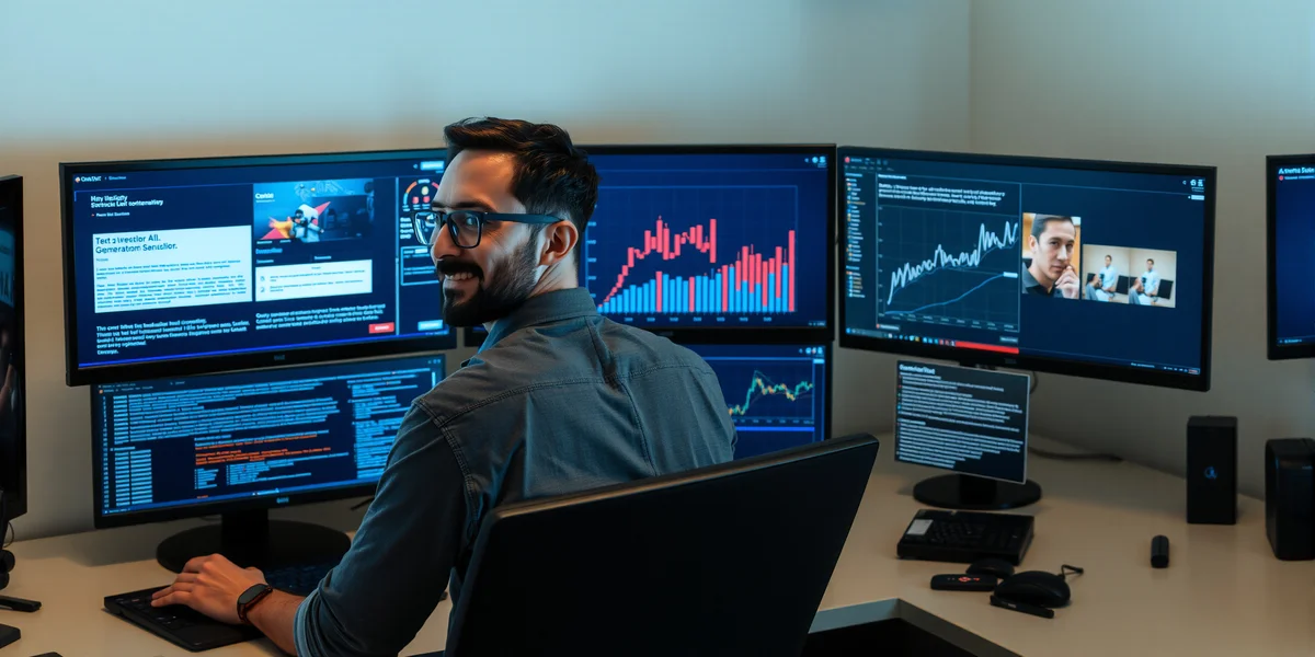 Một người đang tập trung làm việc trên máy tính, sử dụng nhiều giao diện AI khác nhau để hoàn thành một dự án, thể hiện sự tự tin và chủ động trong việc học AI.