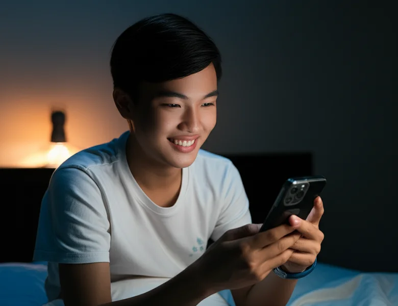 Một người thuộc thế hệ Gen Z ngồi trong phòng ngủ ấm cúng, khuôn mặt được chiếu sáng dịu nhẹ bởi màn hình điện thoại, thể hiện sự kết nối cảm xúc với bạn trai AI.