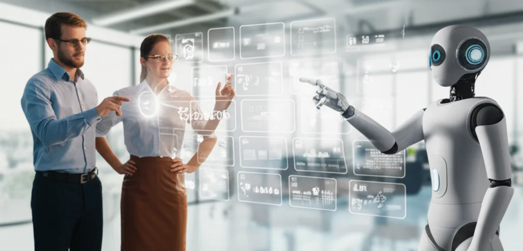 Hình ảnh một product manager và một robot hình người cùng nhau nhìn vào một bản đồ sản phẩm (roadmap) 3D phát sáng, thể hiện sự hợp tác giữa con người và AI.