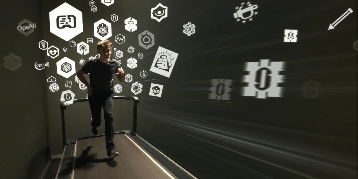 Một người đang chạy trên máy chạy bộ nhưng không đi đến đâu, minh họa cho cái bẫy của việc học các công cụ AI liên tục thay đổi.