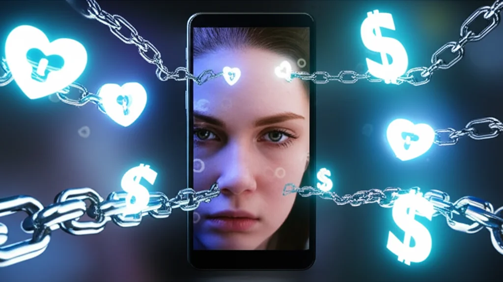 Một người dùng với biểu cảm lo lắng bị mắc kẹt sau màn hình điện thoại thông minh, xung quanh là các biểu tượng đô la và trái tim bị khóa, thể hiện mặt tối của việc trả tiền cho tình cảm AI.