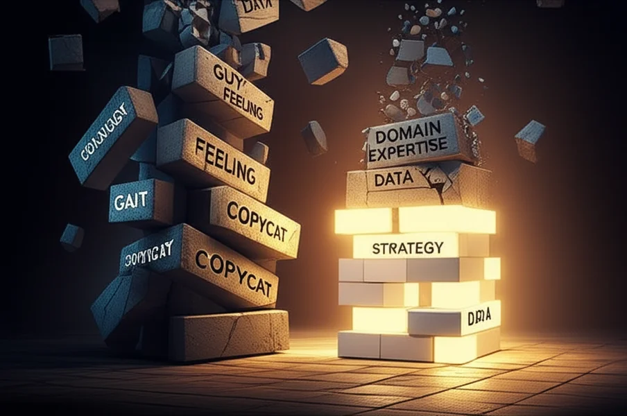 Một tòa tháp làm từ những khối gỗ tượng trưng cho các kỹ năng PM cũ (sao chép, cảm tính) đang sụp đổ, bên cạnh là nền móng vững chắc của những kỹ năng mới (dữ liệu, chuyên môn sâu).