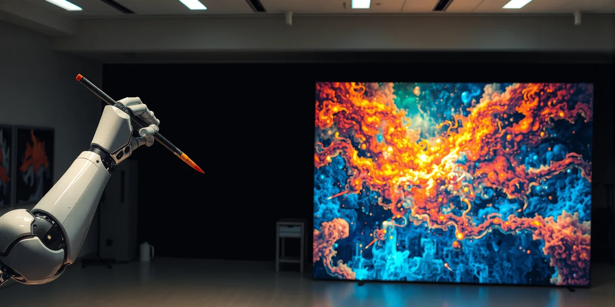 Một cánh tay robot đang vẽ một bức tranh kỹ thuật số phức tạp trên một màn hình lớn, thể hiện khả năng sáng tạo nghệ thuật của các startup AI 2025.