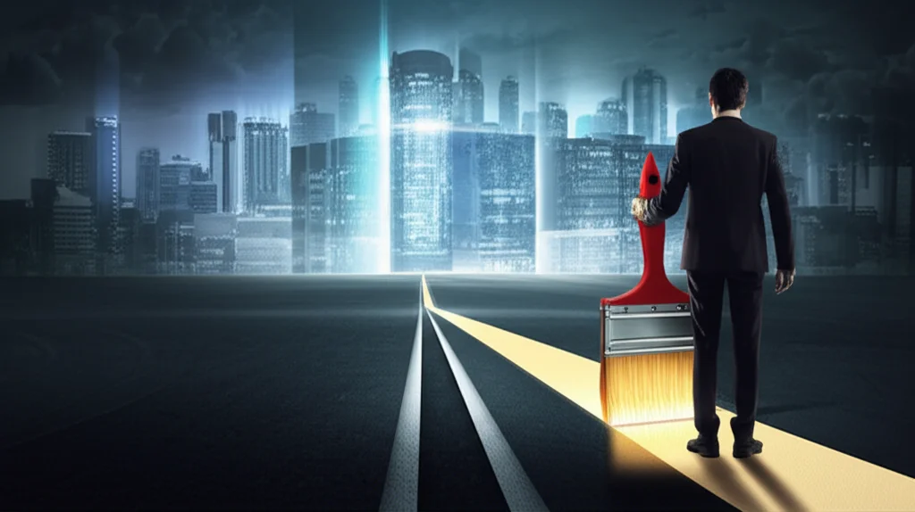 Một Product Manager đang vẽ một con đường vững chắc, phát sáng dẫn đến một thành phố tương lai, tượng trưng cho việc xây dựng lại năng lực cốt lõi để thành công.