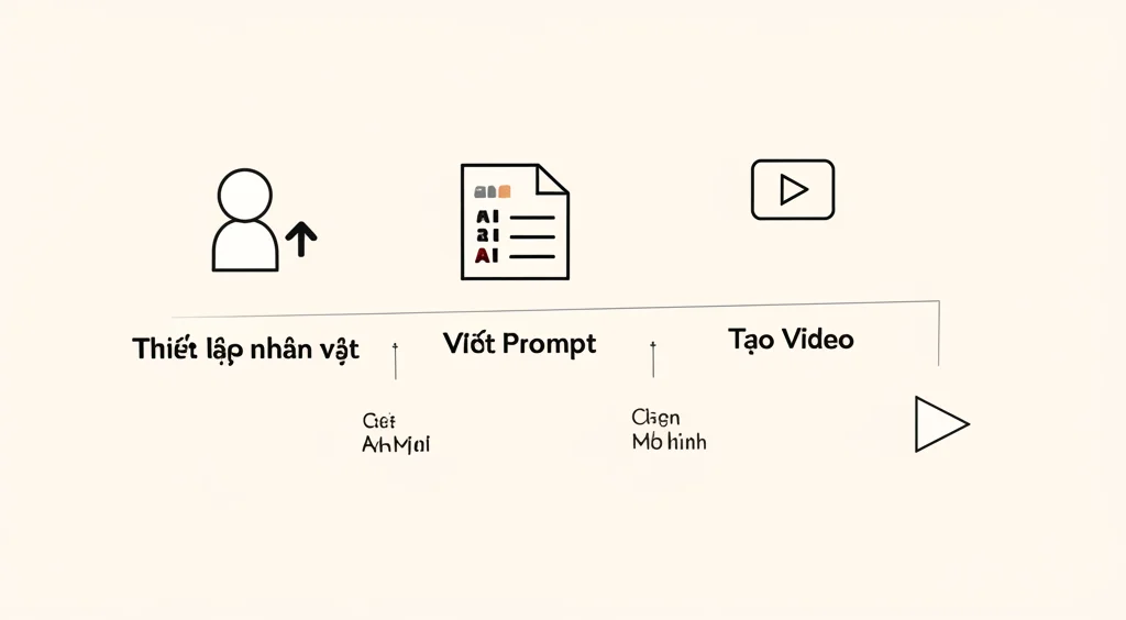 Ảnh chụp màn hình quy trình tạo video trên Seko AI, hiển thị các bước từ tải ảnh nhân vật, viết prompt, đến chọn mô hình và tạo video.