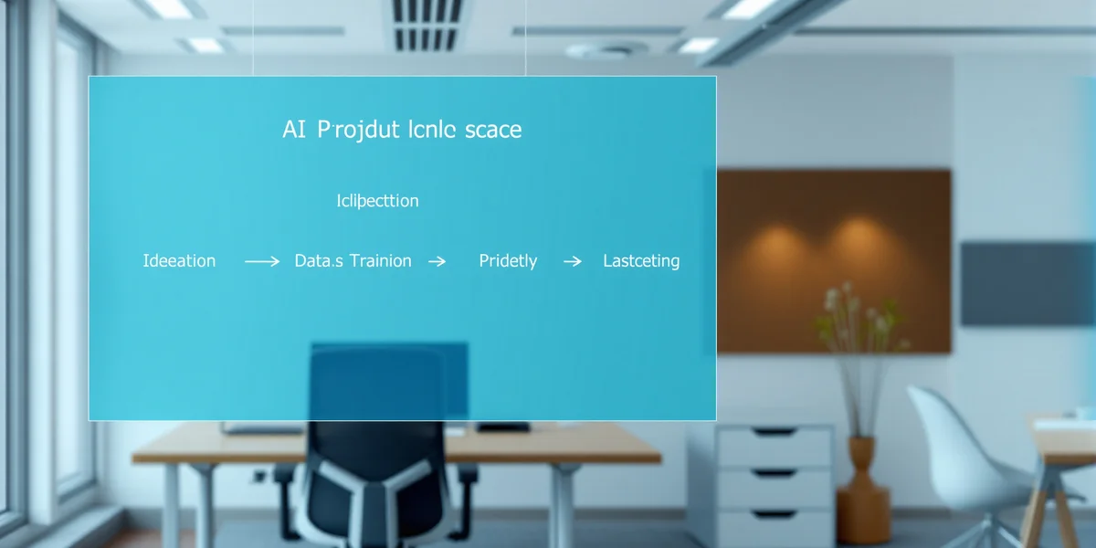 Một sơ đồ quy trình (flowchart) hiện đại trên màn hình trong suốt, minh họa các giai đoạn của vòng đời sản phẩm AI: Ideation, Data, Model, Launch, Feedback.