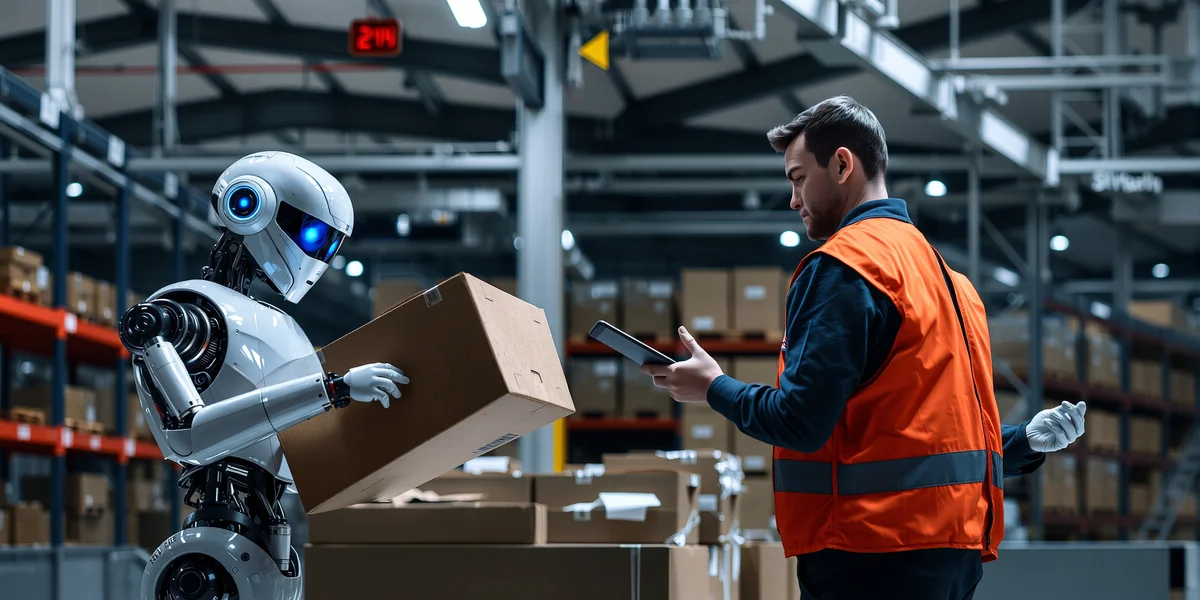 Một robot hình người tiên tiến đang làm việc cùng với con người trong một nhà kho hoặc nhà máy sản xuất hiện đại, minh họa cho sự hợp tác giữa người và máy.