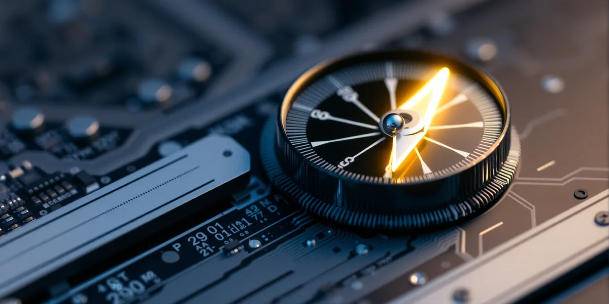 Một chiếc la bàn kỹ thuật số đặt trên một bảng mạch phức tạp, kim la bàn đang quay một cách hỗn loạn, tượng trưng cho rủi ro lệch pha và sự thiếu định hướng đạo đức của AI.