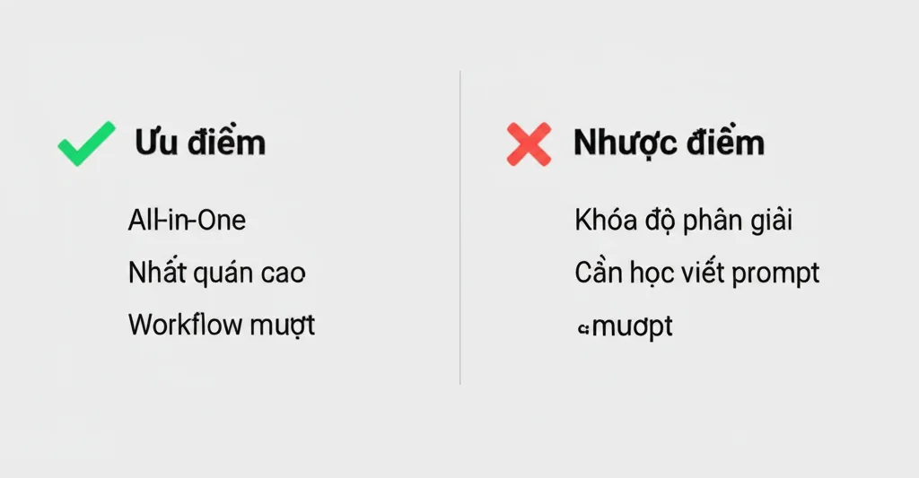 Một bảng đồ họa đơn giản chia hai cột, một bên là các ưu điểm của Seko AI với dấu tích xanh và một bên là nhược điểm với dấu chéo đỏ.