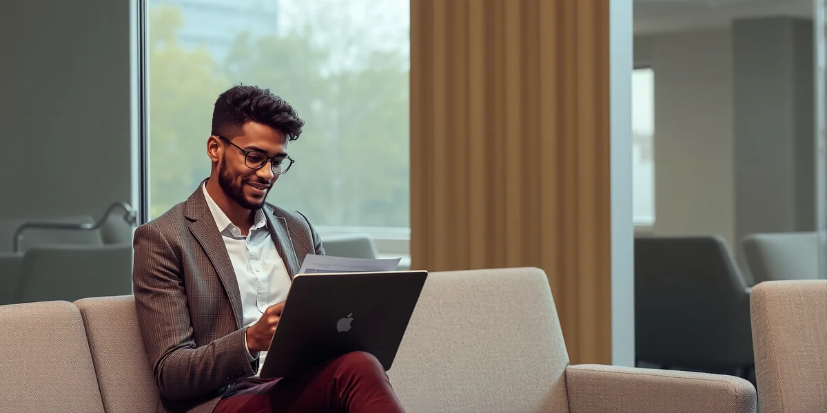 Hình ảnh một ứng viên tự tin đang xem lại ghi chú trên laptop trước khi bước vào cuộc phỏng vấn, biểu hiện sự sẵn sàng và chuyên nghiệp.