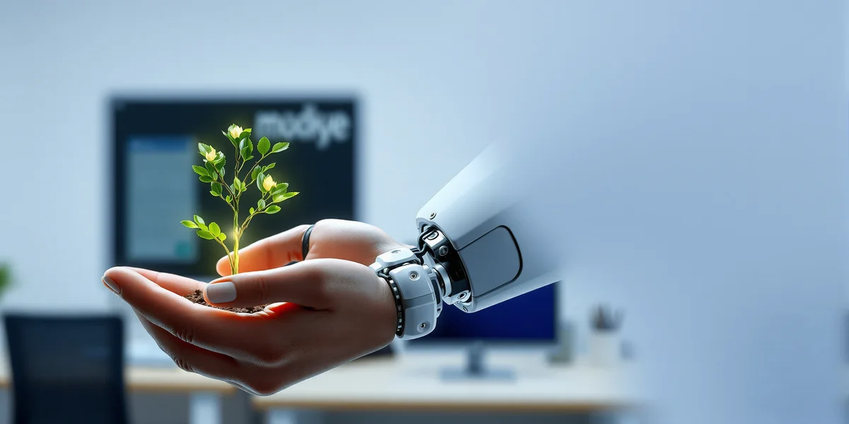 Một bàn tay người và một bàn tay robot cùng nhau vun trồng một cái cây nhỏ đang phát sáng, tượng trưng cho sự hợp tác để phát triển ý tưởng sáng tạo.