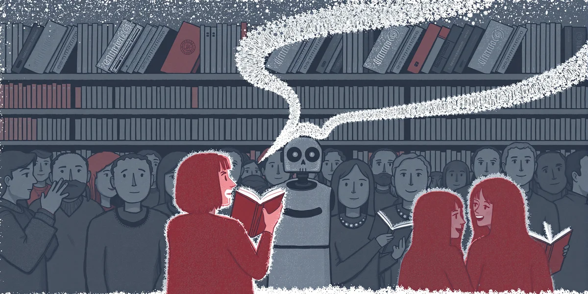 Một đám đông độc giả đang quay lưng lại với những cuốn sách giống hệt nhau được sản xuất hàng loạt bởi robot, và hướng về một tác giả đang kể chuyện một cách say mê.