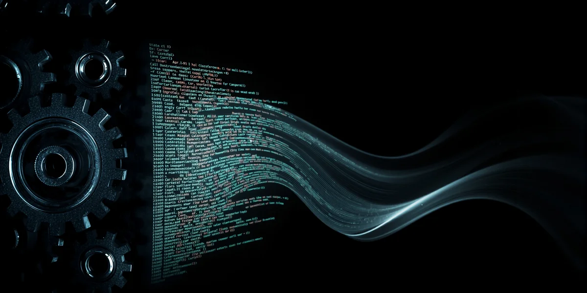 Các bánh răng cơ khí đang biến đổi thành các dòng mã phần mềm mượt mà, tượng trưng cho sự chuyển đổi từ công việc thủ công sang tự động hóa doanh nghiệp bằng AI.