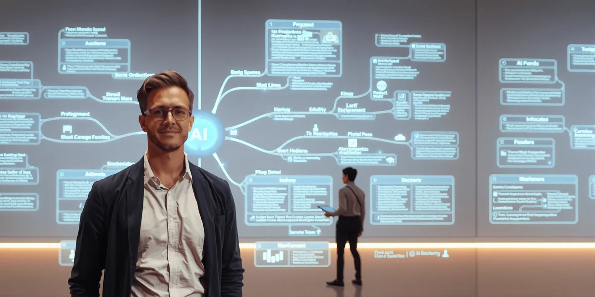 Một Product Manager AI đang đứng trước một bản đồ tư duy kỹ thuật số khổng lồ, thể hiện các xu hướng và ứng dụng của trí tuệ nhân tạo.