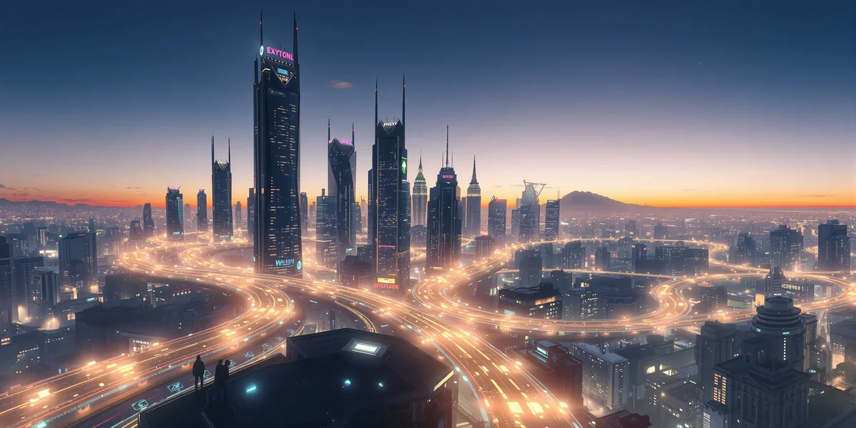 Một thành phố tương lai với những dòng dữ liệu phát sáng kết nối giữa các tòa nhà và con người, thể hiện một kỷ nguyên mới của sự sáng tạo hợp tác giữa người và máy.