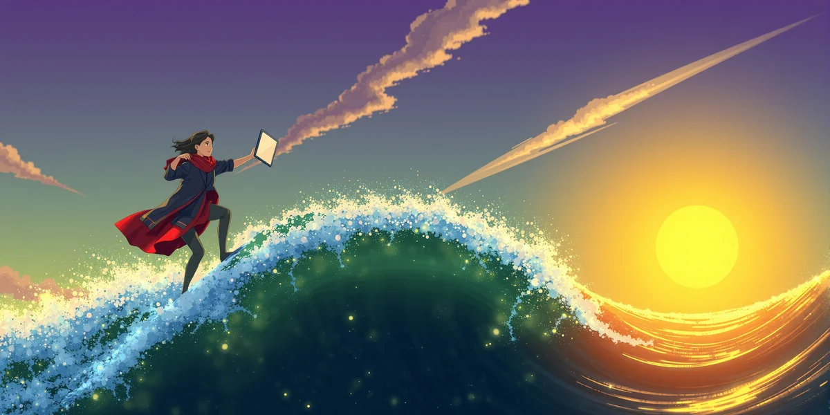 Một tác giả Việt Nam tự tin lướt trên một con sóng kỹ thuật số, tay cầm laptop, hướng về phía mặt trời mọc, biểu trưng cho việc làm chủ công nghệ AI để phát triển.