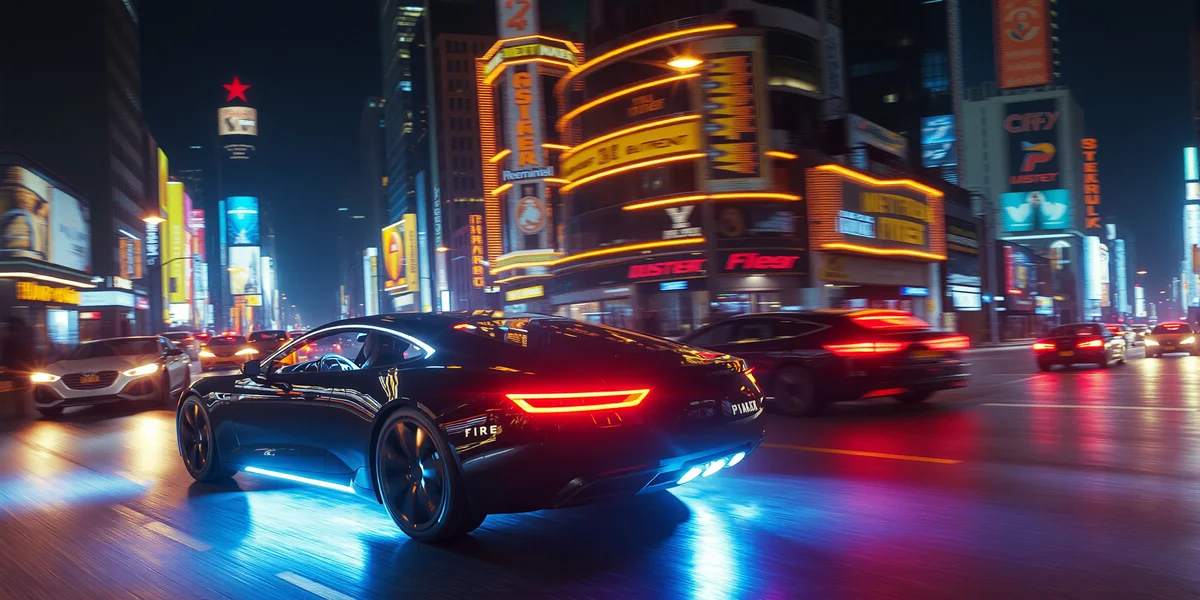 Một chiếc xe tự lái kiểu dáng đẹp không có người lái di chuyển trên đường phố của một thành phố tương lai vào ban đêm, với các vệt sáng từ đèn xe và các tòa nhà.